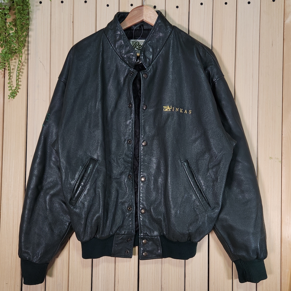Vintage Roots Varsity Leather Jacket Green, Genuine Leather.